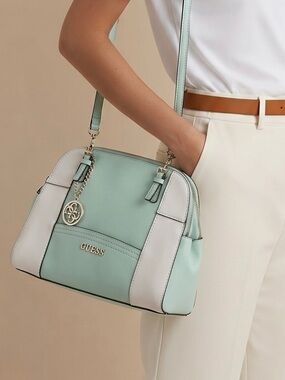 GUESS Mint Green and White Shoulder Tote with Gold Charm